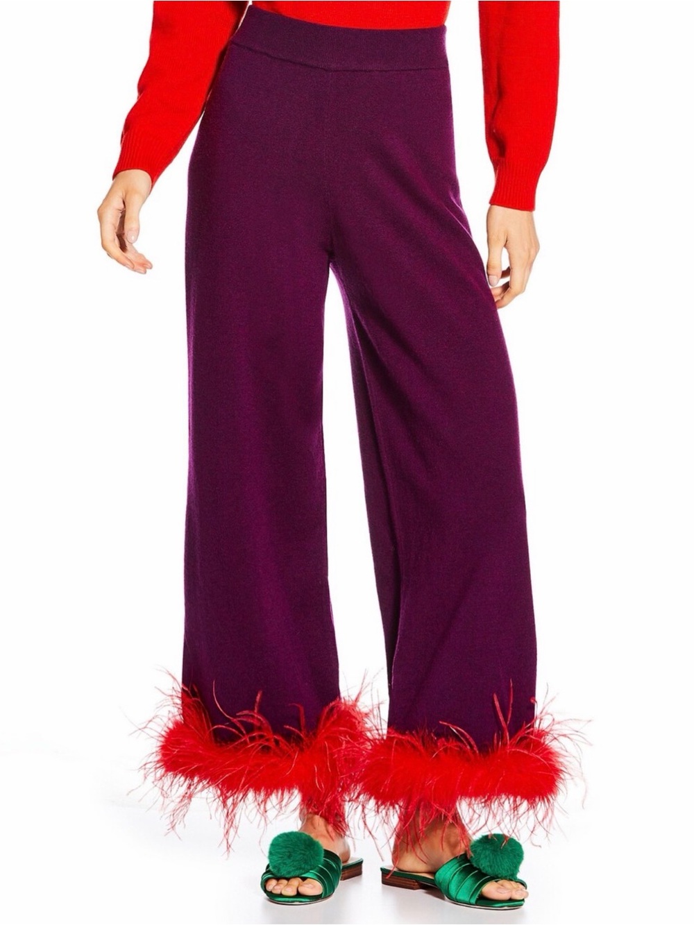 ANTONIO MELANI Purple Wide-Leg Pants with Red Feather Trim